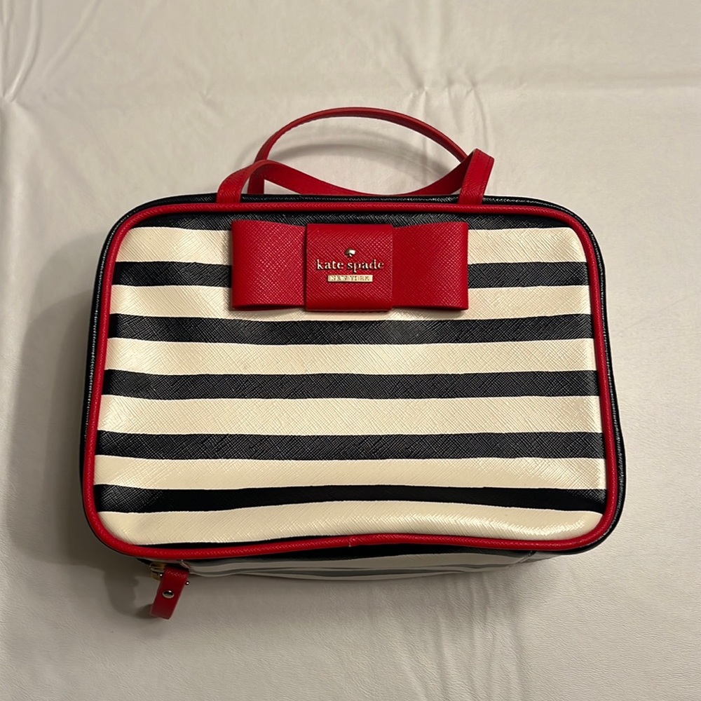 Kate Spade Red and Black Striped Cosmetic Bag